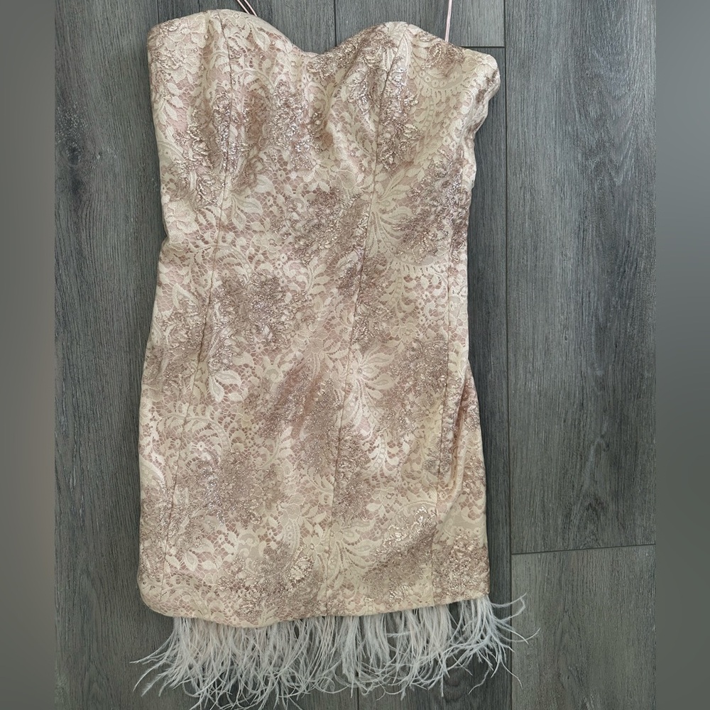 NWOT Badgley Mischka Floral Lace Feather Hem Dress